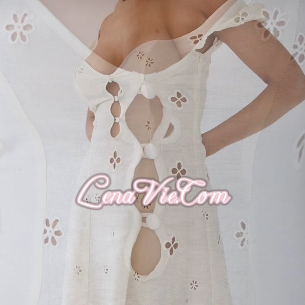 Dreamy Boho Eyelet Summer Sexy Mini Dress Accent Sleeves, Floral Cut Detailing - Picture 8 of 11
